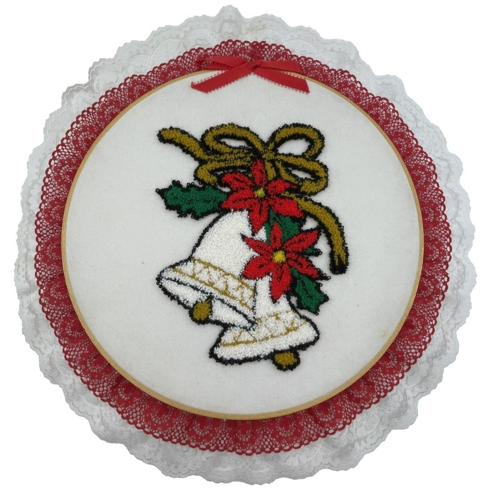 Vtg Christmas Punch Needle Embroidery Bells 70s Complete 15" Lace Trim